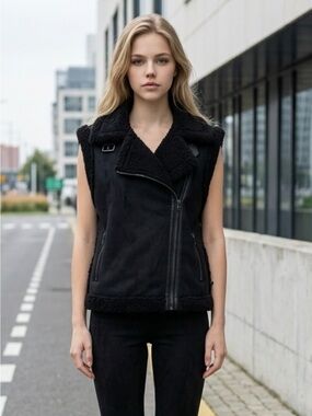OAK + FORT Black Shearling-Lined Sleeveless Moto Vest
